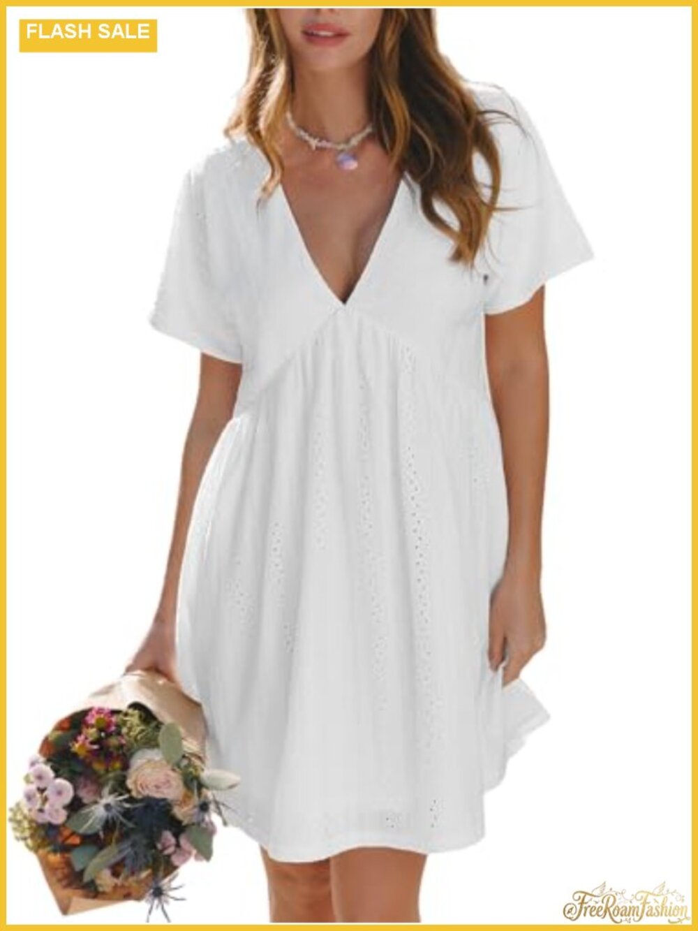 V Neck Ruffle A-Line Double Layer Short Sleeve Mini Dress
